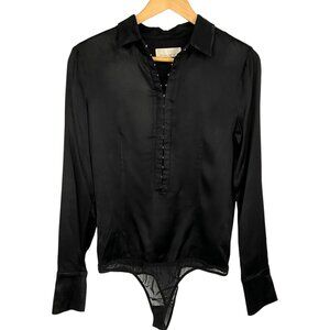 Fleur Du Mal Satin Bodysuit Black Size S Collared Hooks Long Sleeve Thong *READ*